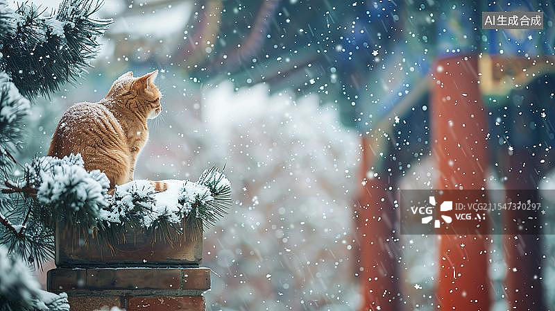 【AI数字艺术】雪中猫咪的静谧守望  古韵雪景中的温暖守护图片素材
