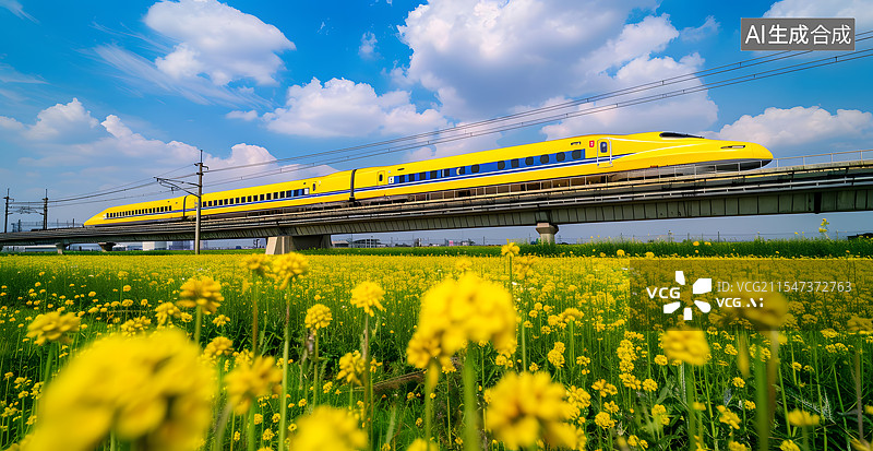 【AI数字艺术】油菜花田旁形式过的高铁图片素材