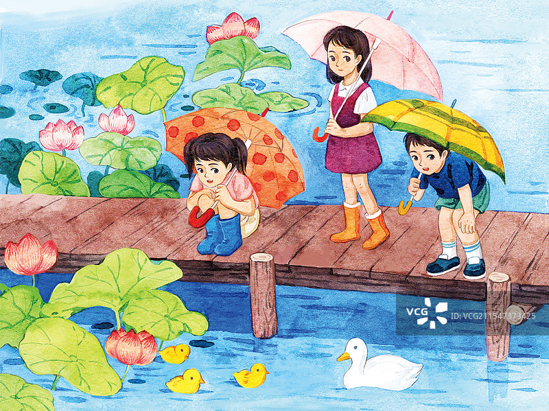 儿童荷花池边看小鸭子图片素材