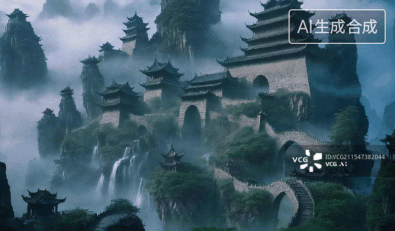 【AI数字艺术】云雾古寺图片素材