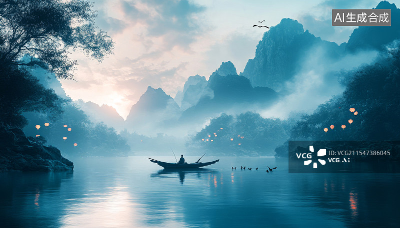 【AI数字艺术】中国意境山水人文海报，渔舟唱晚图片素材