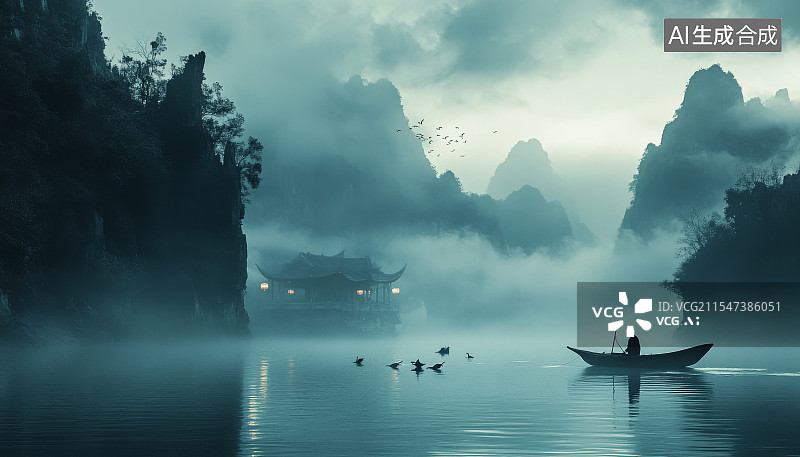 【AI数字艺术】中国意境山水人文海报，渔舟唱晚图片素材