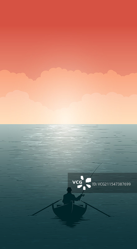 清晨阳光下的湖边渔夫图片素材