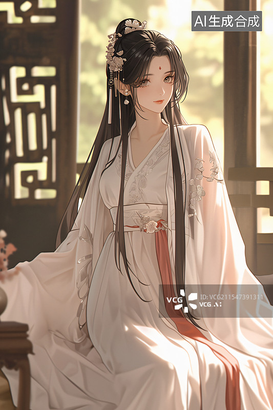 【AI数字艺术】一位身着传统汉服的美丽女性肖像，以插画风格呈现。这幅图展现了经典与优雅的美感，十分适合用作小说封面，图片素材