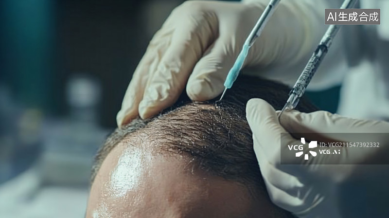 【AI数字艺术】秃头男人在医院接受植发手术，展示了毛发恢复的医学治疗和个人转变。图片素材