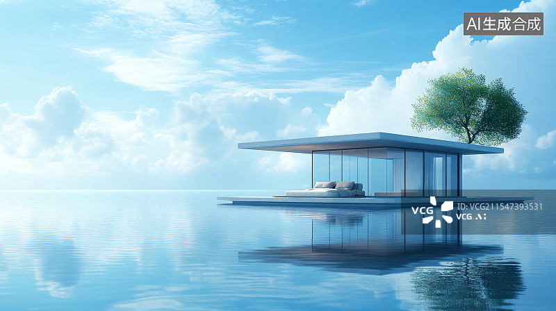 【AI数字艺术】水上现代简约风格的玻璃建筑房屋图片素材