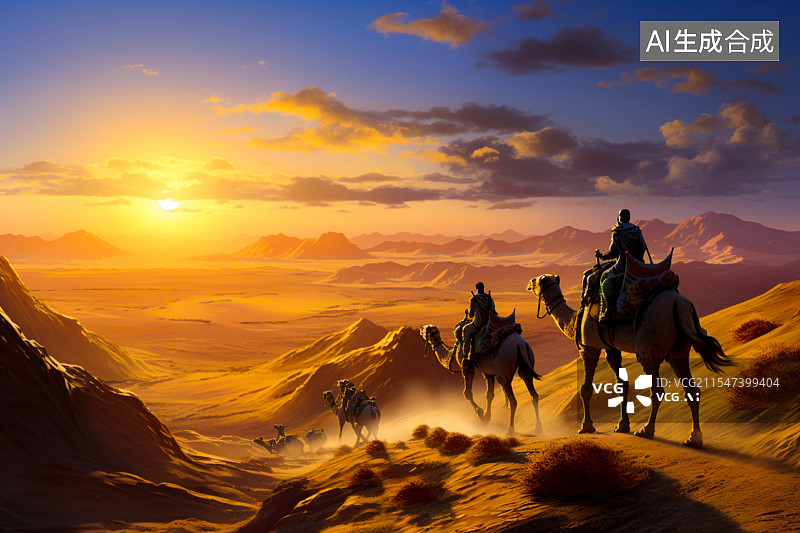 【AI数字艺术】夕阳下丝绸之路骆驼商队图片素材
