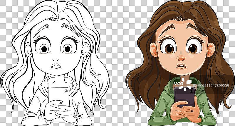 一个女孩惊讶地看着她的手机的卡通画图片素材