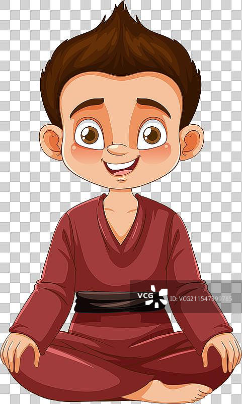 穿着空手道服的卡通男孩盘腿坐着图片素材