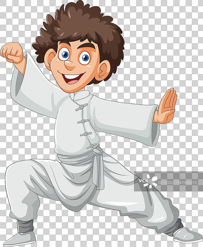 穿着白色道服的卡通男孩摆出空手道姿势图片素材