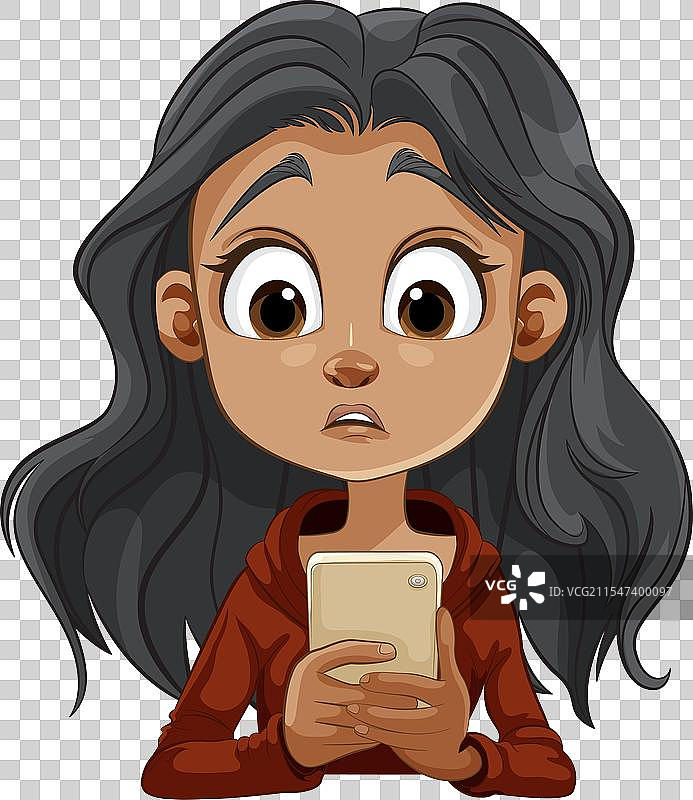 一个拿着手机、表情震惊的女孩卡通形象图片素材