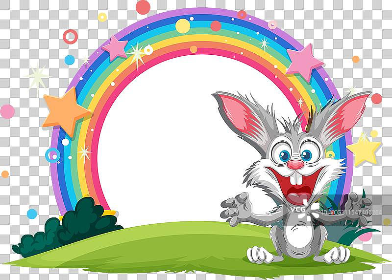 兴奋的卡通兔子与生动的彩虹图片素材