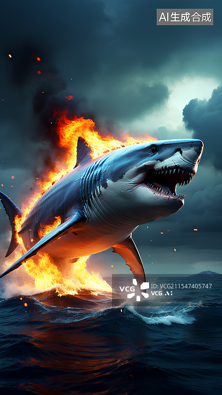 【AI数字艺术】创意插画 海洋上着火的大白鲨图片素材