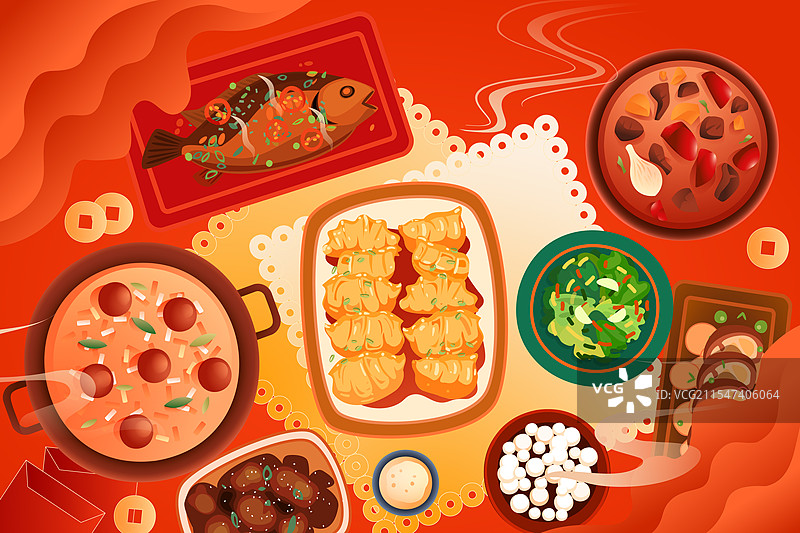 卡通美食餐饮吃饭聚餐顶视图饮料城市消费出行福卡祈福新春元宵节汤圆家人情侣传统节日中国风渐变矢量插画图片素材