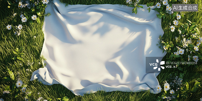 【AI数字艺术】阳光明亮户外野营有花的绿色草地上野餐桌布插画图片素材