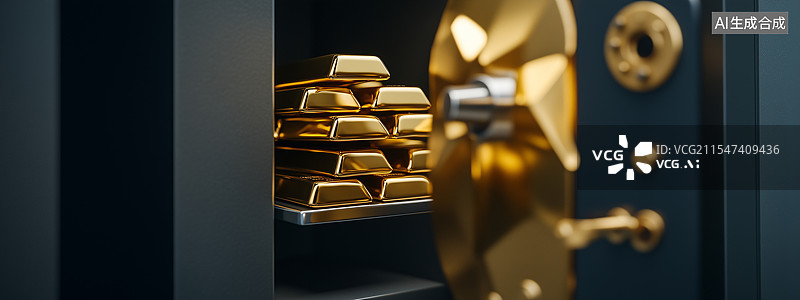 【AI数字艺术】逼真的特写镜头，展示现代钢制保险箱内整齐堆叠的金条，在温暖的环境光照射下闪耀，保险库门微微开启，透露图片素材