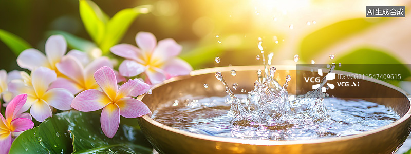 【AI数字艺术】璀璨的水滴溅落在金色的碗上，周围环绕着热带花卉和绿叶，柔和的阳光营造出闪耀的光影效果，展现水节庆典的图片素材