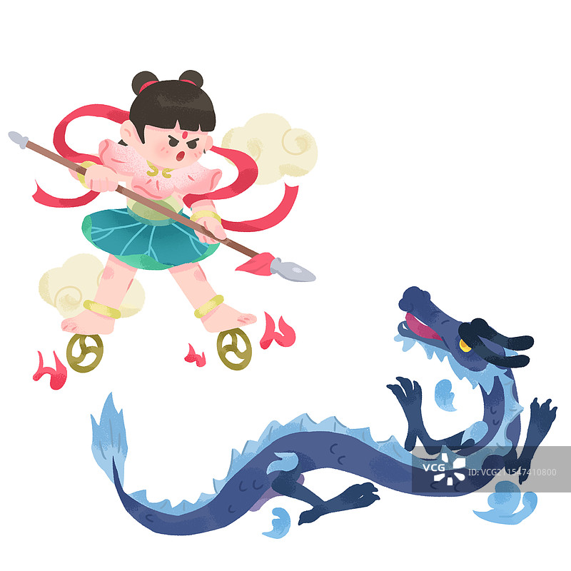 手绘哪吒闹海神话故事插画图片素材