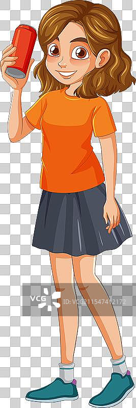 微笑的年轻女孩手持饮料，神情愉快图片素材