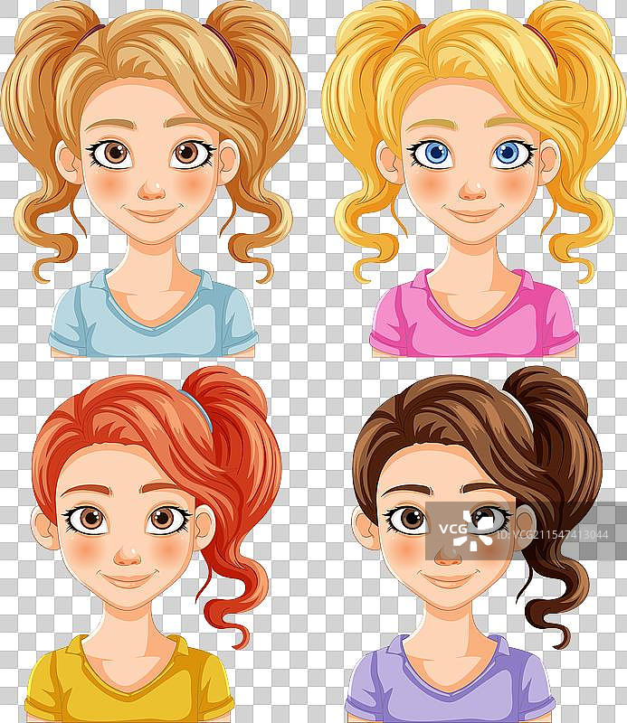四个发型各异的卡通女孩图片素材