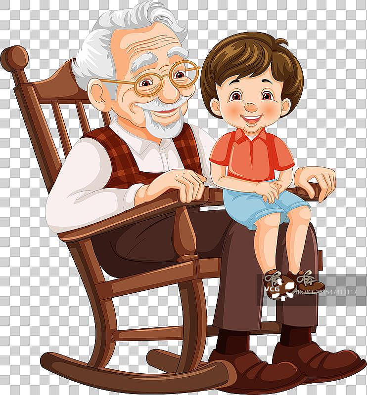 老年人与年轻男孩在摇椅上微笑图片素材