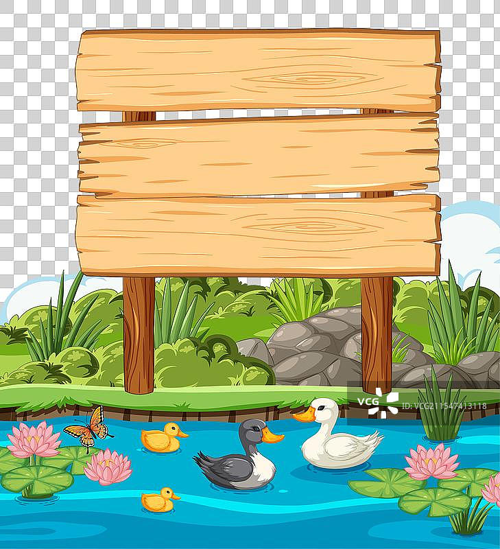 卡通鸭子在一块空白的木牌旁边图片素材