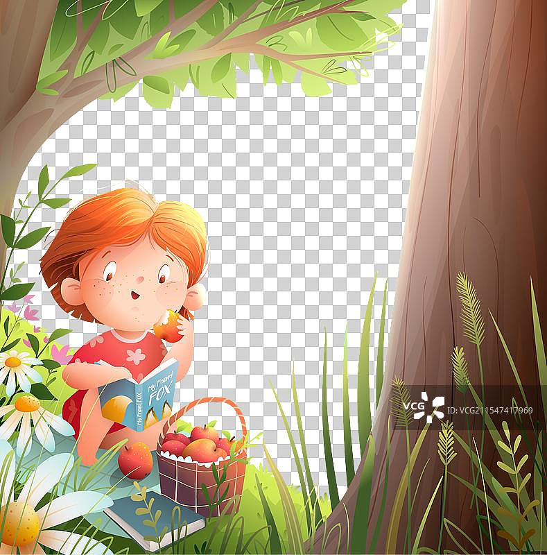 小女孩在树下夏季野餐时阅读书籍图片素材