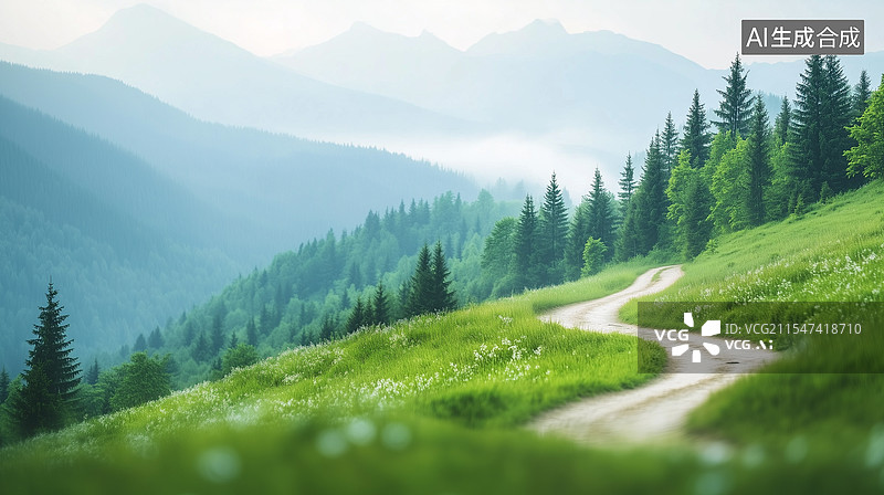 【AI数字艺术】山间蜿蜒的绿色之路图片素材
