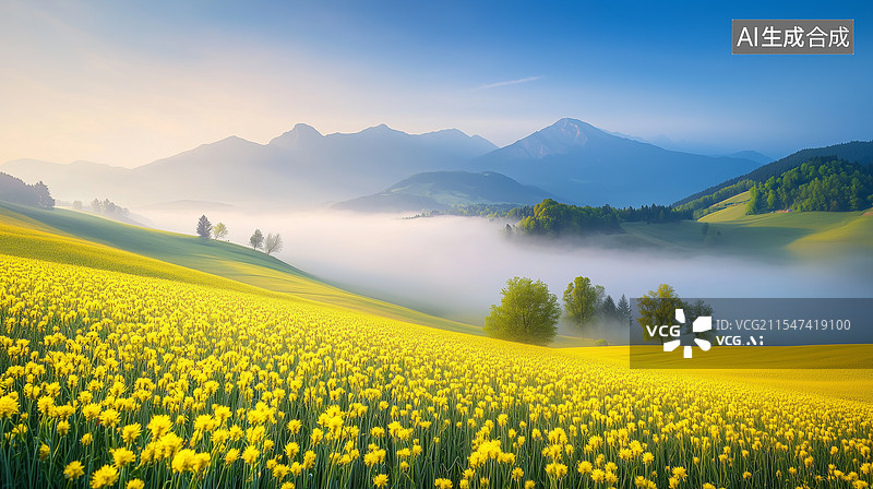 【AI数字艺术】金色花海中的宁静山景图片素材