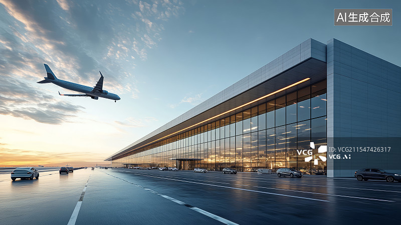 【AI数字艺术】现代大型国际机场航站楼出发层和道路图片素材