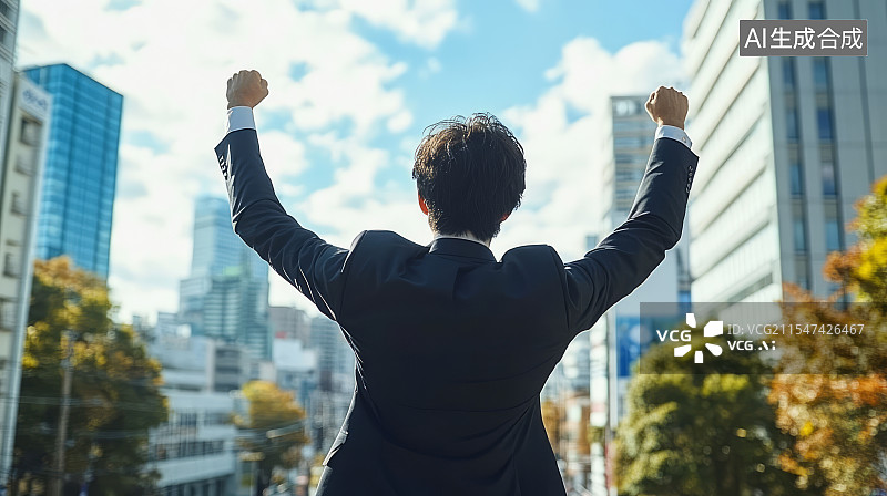 【AI数字艺术】城市高楼背景下高举双臂欢呼加油鼓励的商人图片素材