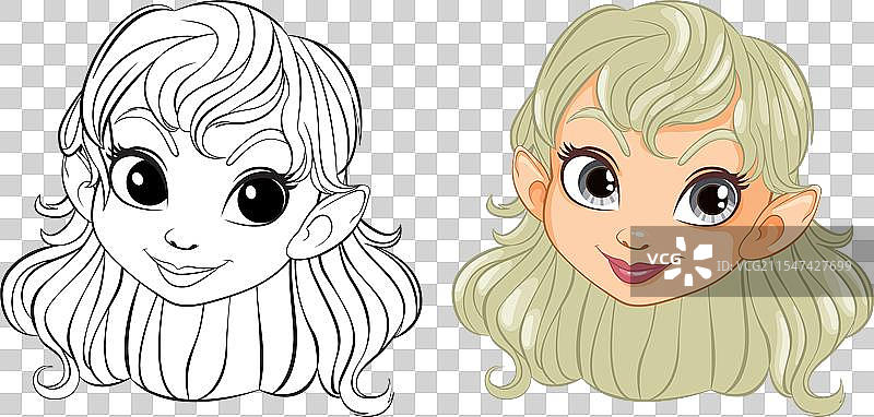 快乐精灵女孩的线条艺术和上色图图片素材