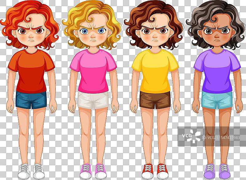 四个卡通女孩展示不同的表情图片素材