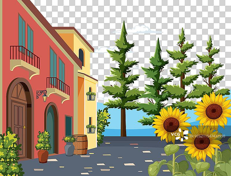 色彩斑斓的建筑和向日葵在一个古雅的地方图片素材