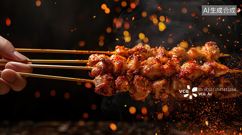 【AI数字艺术】黑色背景下手持烧烤特写图片素材