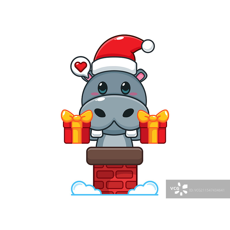 可爱的河马戴着圣诞帽，手里拿着圣诞礼物图片素材