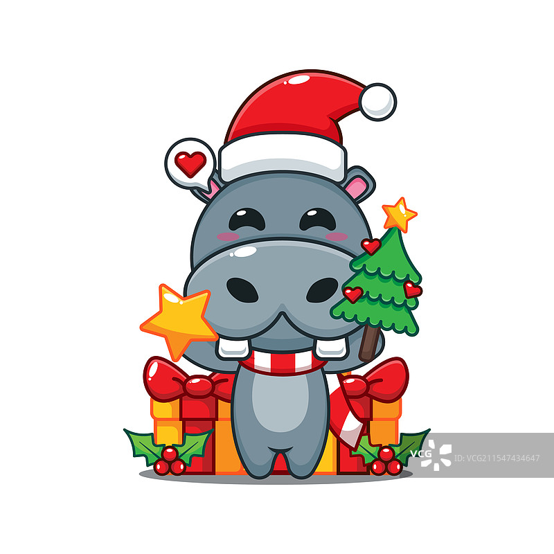 可爱的河马抱着星星和圣诞树图片素材