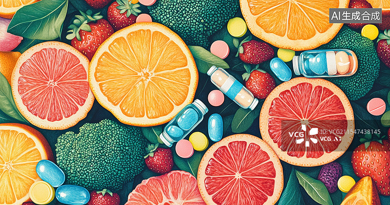 【AI数字艺术】一组新鲜的柑橘类水果切片和药片，背景是明亮的蓝色。图片素材