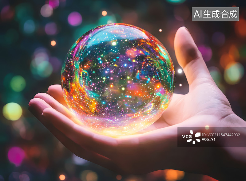 【AI数字艺术】手握着椭圆形玻璃球的空灵场景图片素材