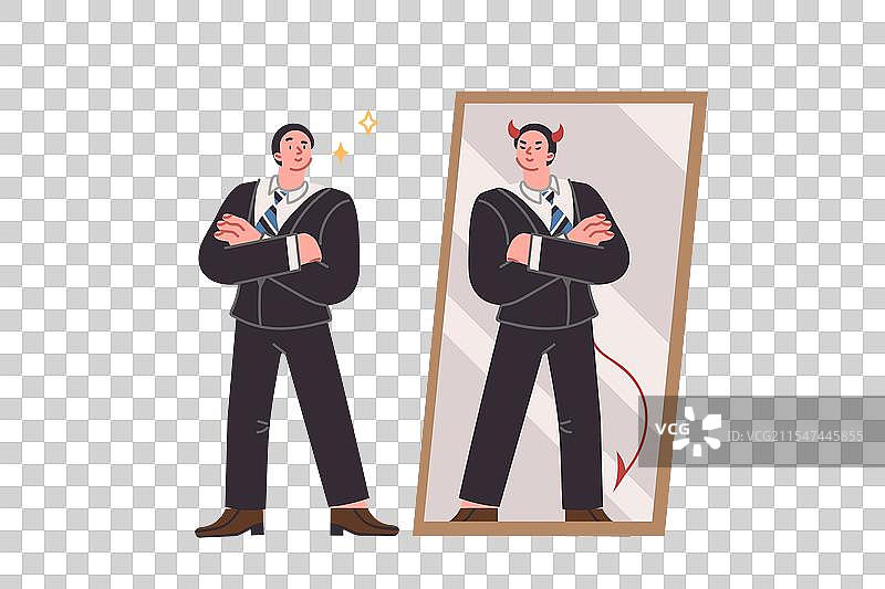 商人镜中看到魔鬼的倒影图片素材