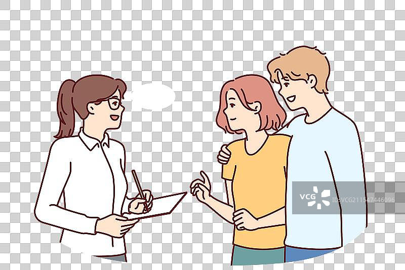 情侣接受采访，回答社会调查问题图片素材