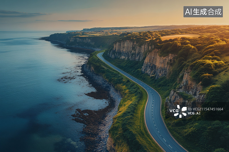 【AI数字艺术】海边悬崖上铺设的一条高速公路图片素材