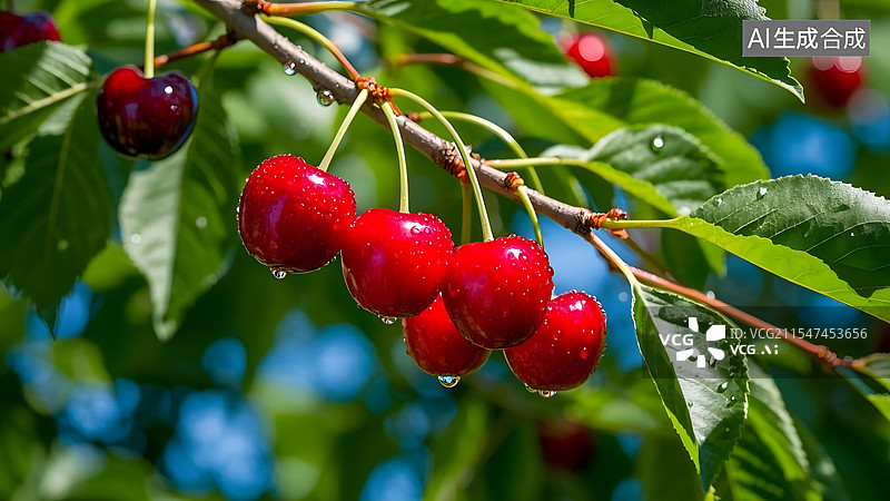 【AI数字艺术】大樱桃车厘子绿叶图片素材