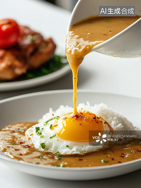 【AI数字艺术】黄色酱汁正浇在一盘配有煎蛋和米饭的菜肴上，背景中还能看到其他食物图片素材