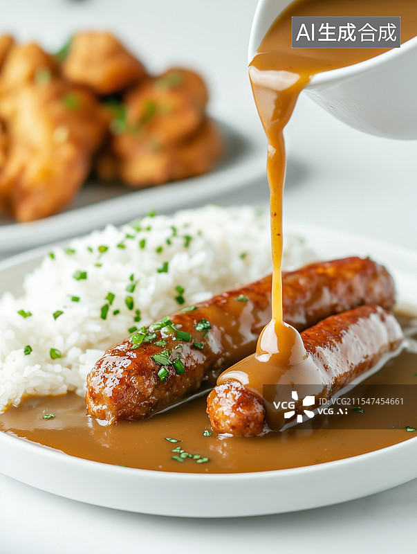 【AI数字艺术】白色盘子里有淋着酱汁的香肠和米饭，酱汁正从上方倒入盘中，背景还有炸鸡块图片素材
