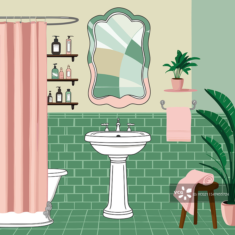 现代浴室内部，绿色瓷砖墙面图片素材