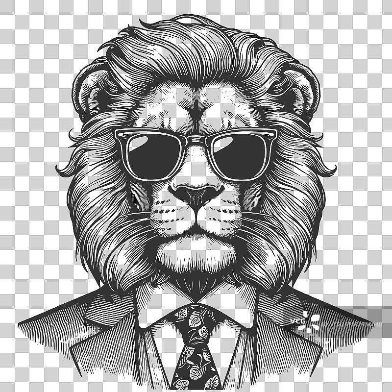 穿着西装和太阳镜的狮子雕刻图图片素材