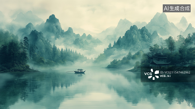 【AI数字艺术】清晨的国风传统山水风景图片素材