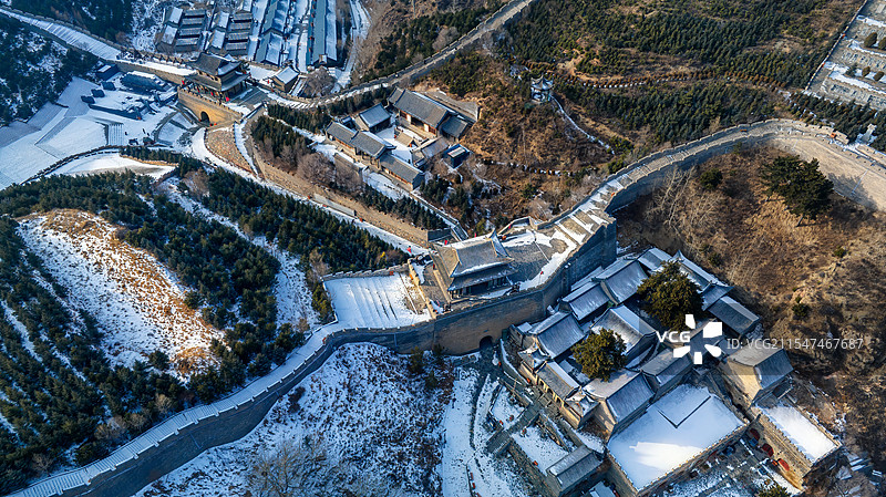 山西忻州，鸟瞰残雪夕阳下的雁门关风光图片素材