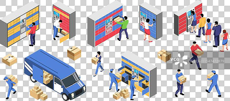 邮政终端的等距投影快递集合图片素材